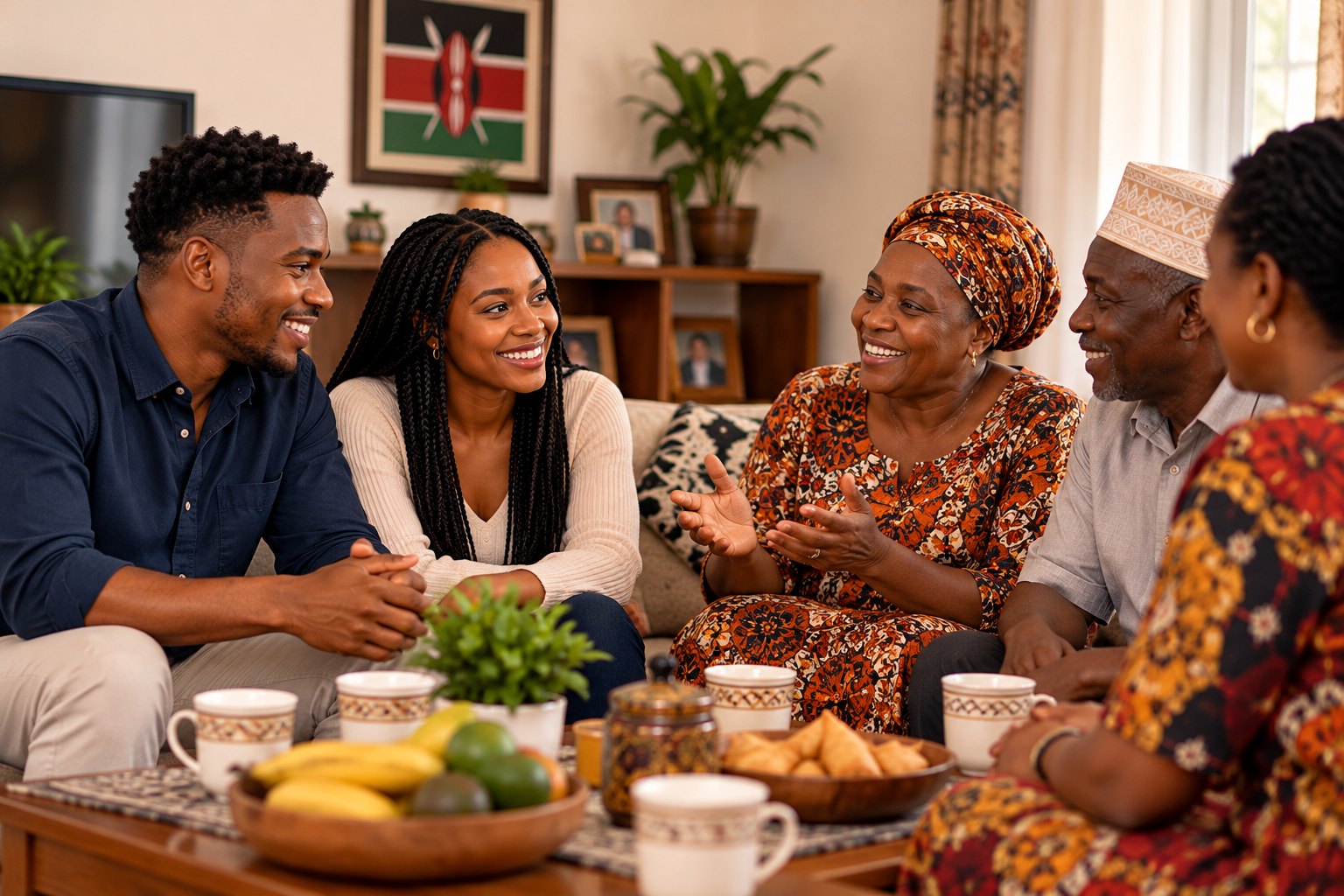 A family sharing a meal at a table while welcoming a guest