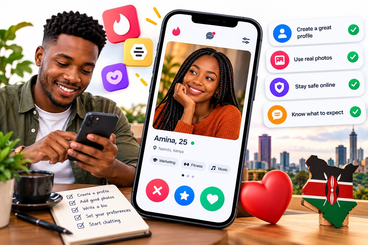 A young Kenyan couple smiling over coffee while one holds a phone