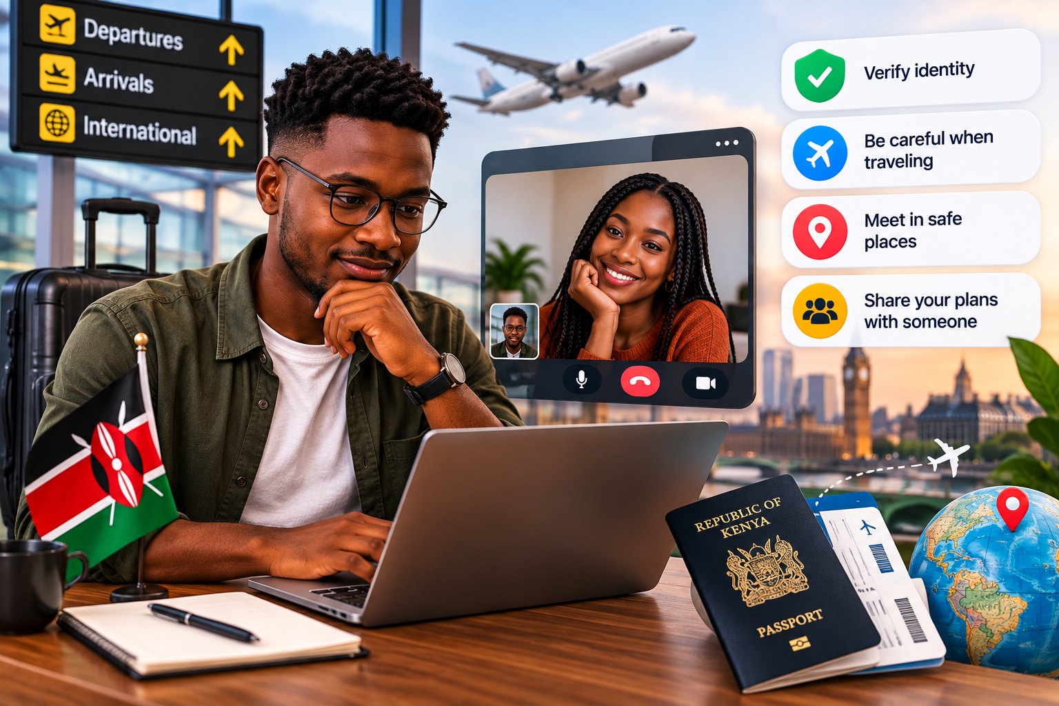 A person on a video call on a laptop with a world map on the wall behind