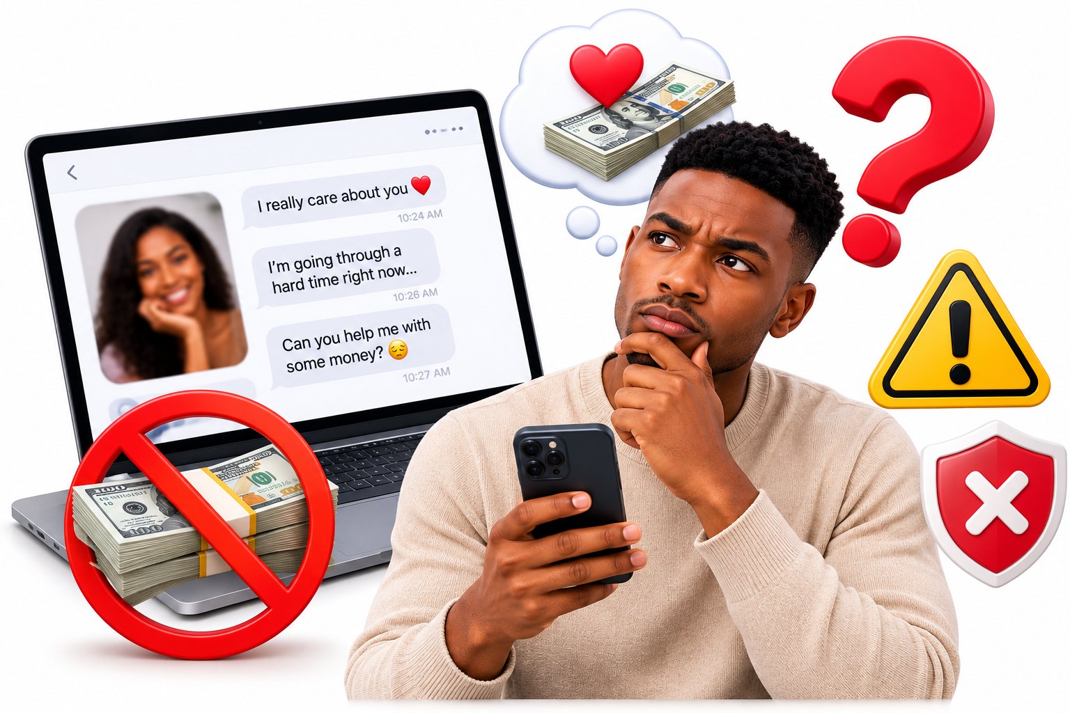 A person holding a phone showing a mobile money request, looking unsure