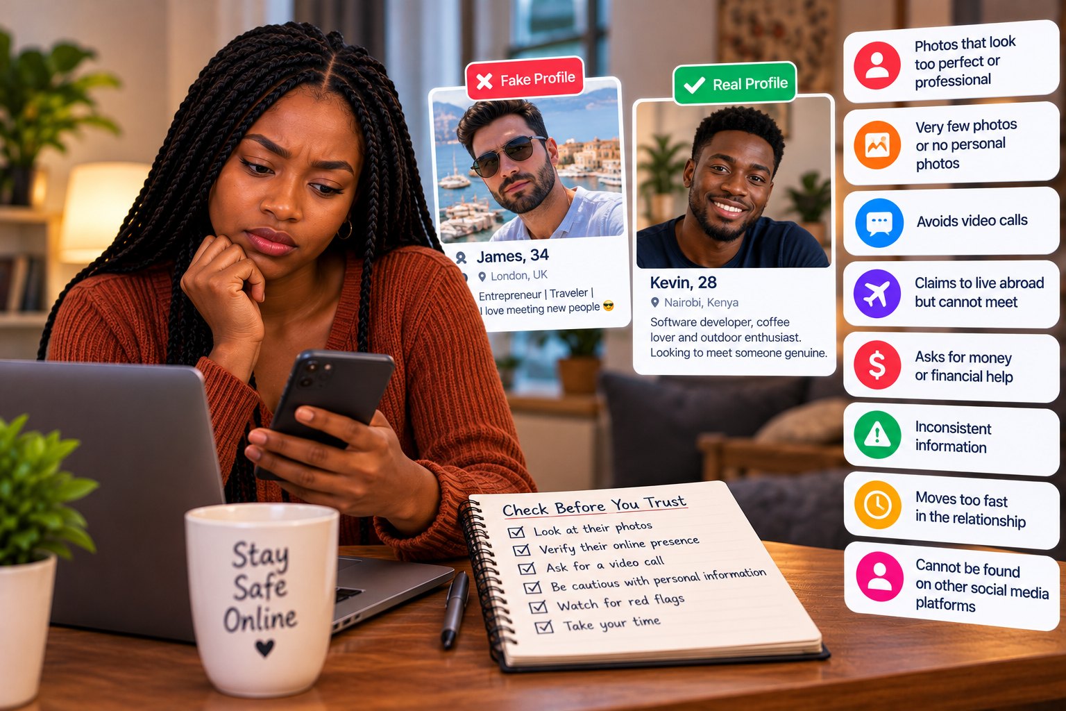 A person looking carefully at a profile photo on a smartphone
